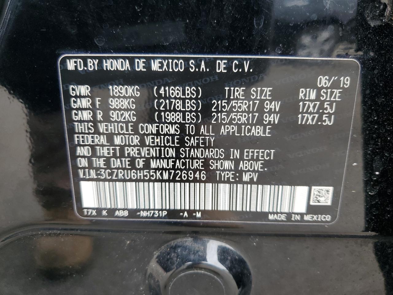 2019 Honda Hr-V Ex VIN: 3CZRU6H55KM726946 Lot: 62713265