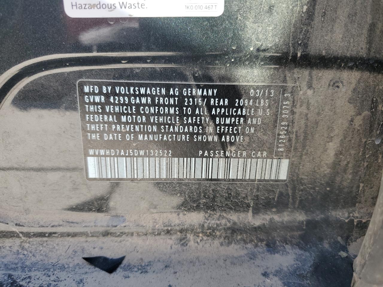 2013 Volkswagen Gti VIN: WVWHD7AJ5DW132522 Lot: 59022065