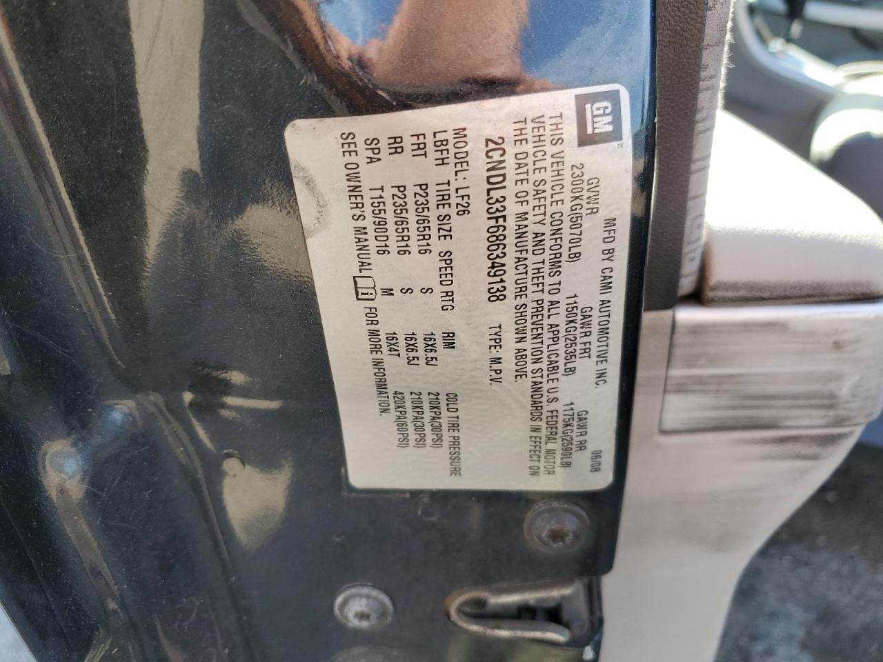 2008 Chevrolet Equinox Lt VIN: 2CNDL33F686349138 Lot: 61754025