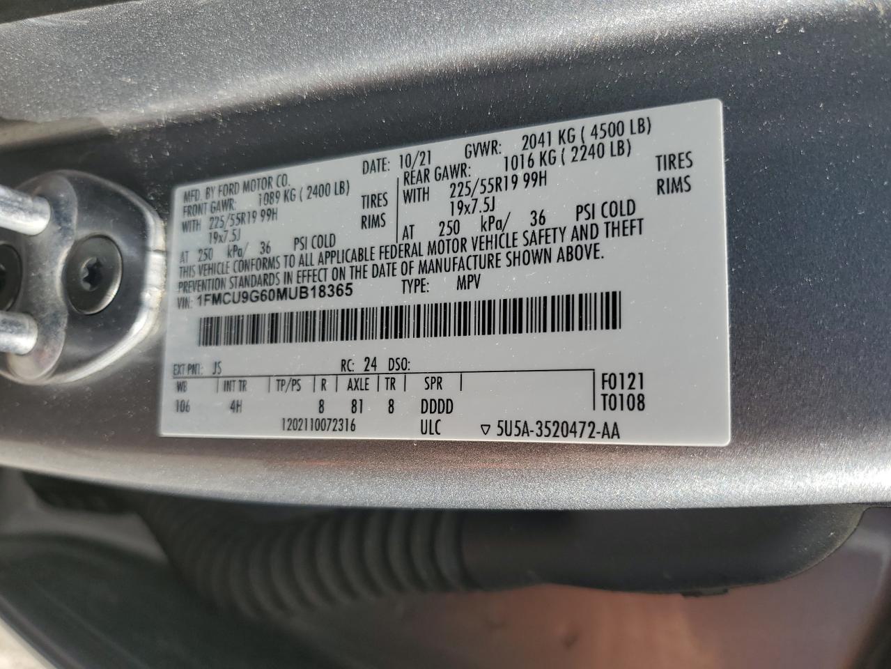 2021 Ford Escape Se VIN: 1FMCU9G60MUB18365 Lot: 62065135