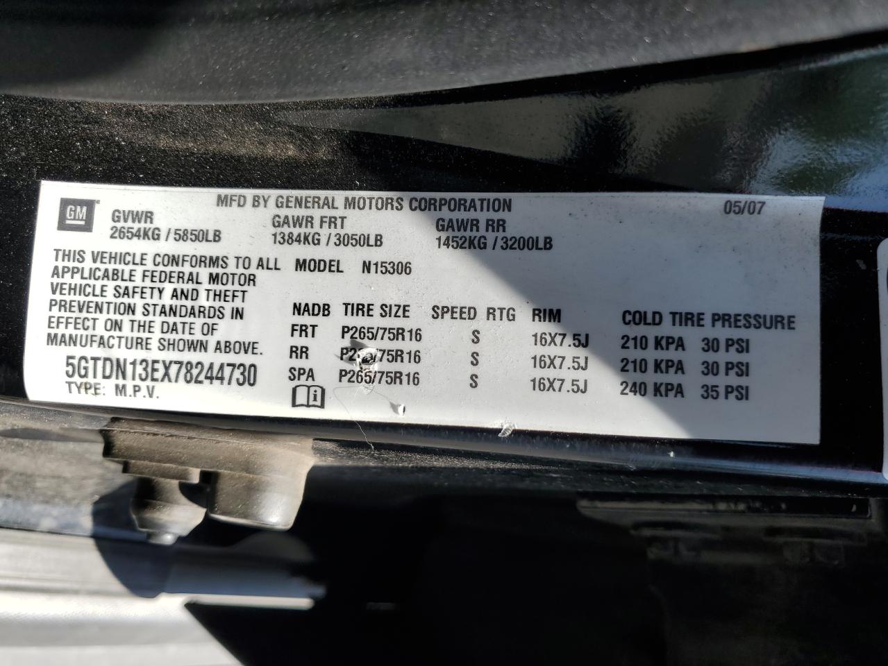 2007 Hummer H3 VIN: 5GTDN13EX78244730 Lot: 57653135