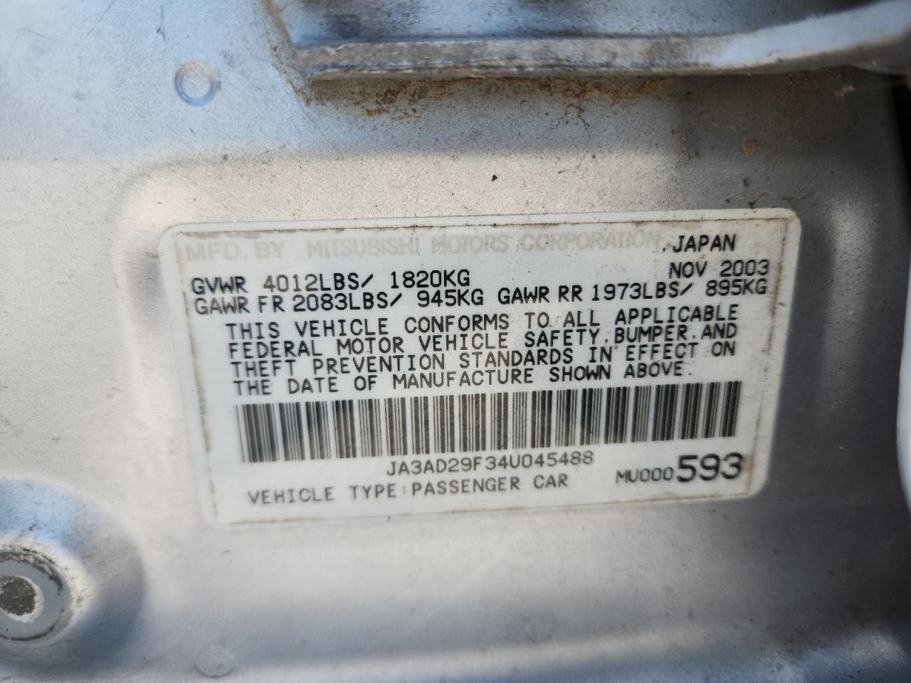 2004 Mitsubishi Lancer Ls VIN: JA3AD29F34U045488 Lot: 61493005