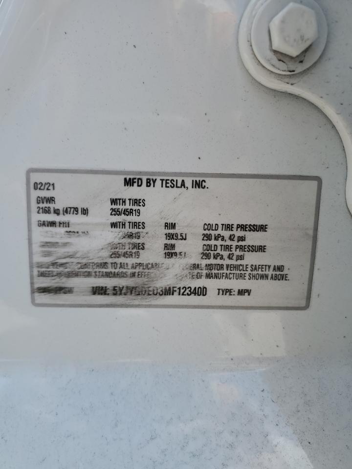 2021 Tesla Model Y VIN: 5YJYGDED3MF123400 Lot: 61271335