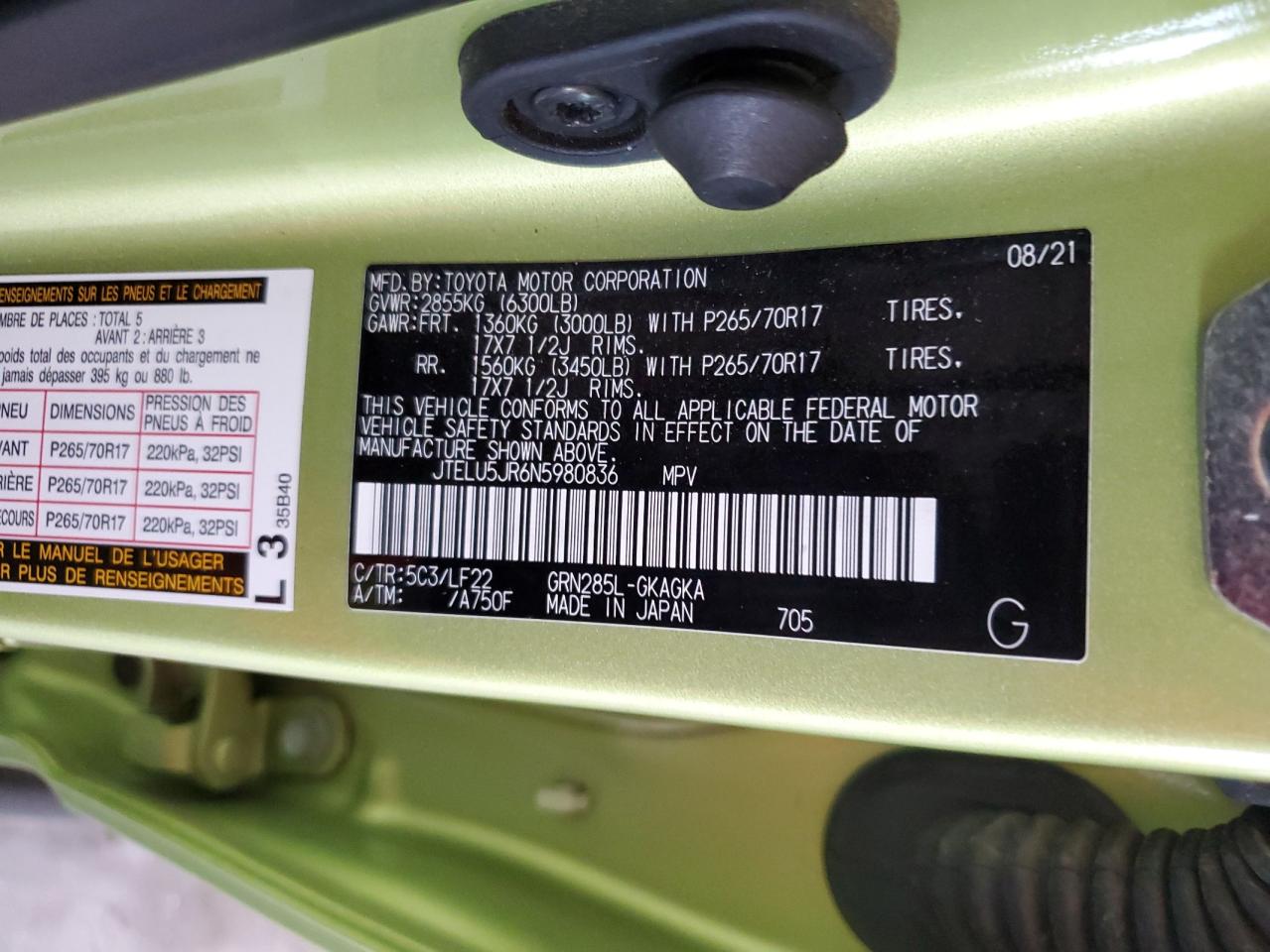 2022 Toyota 4Runner Sr5 Premium VIN: JTELU5JR6N5980836 Lot: 63045125
