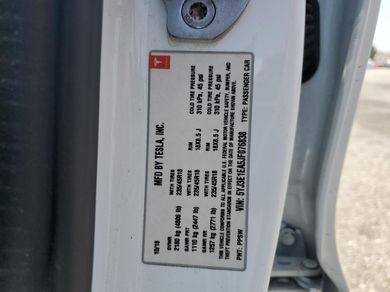 2018 Tesla Model 3 VIN: 5YJ3E1EA5JF076838 Lot: 59990675