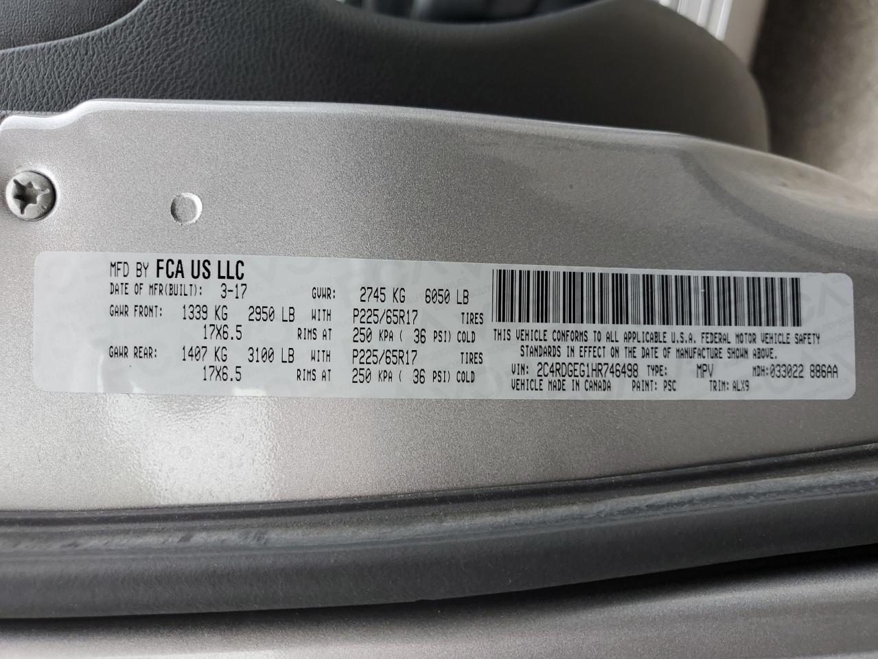 2017 Dodge Grand Caravan Gt VIN: 2C4RDGEG1HR746498 Lot: 61577945