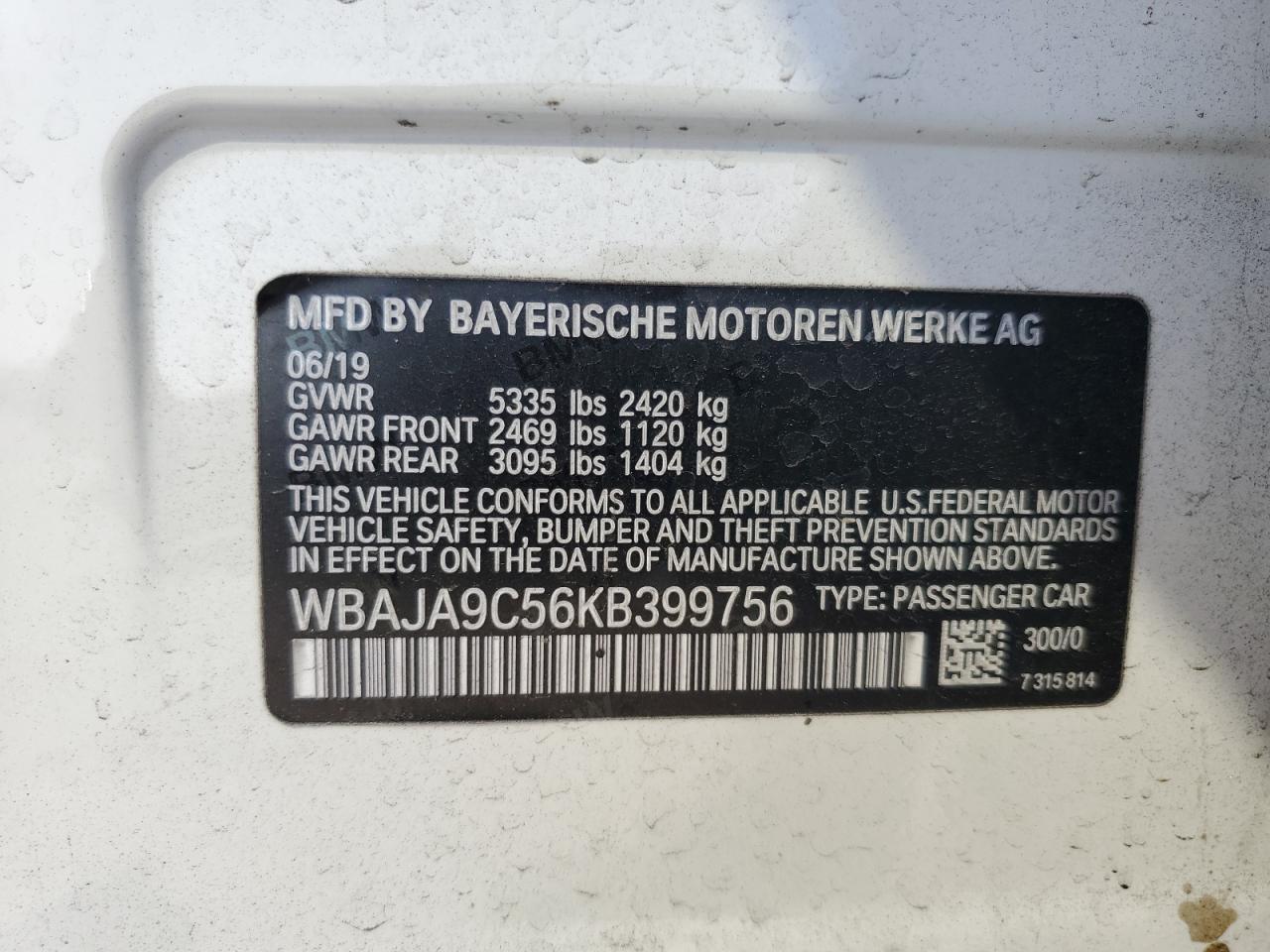 2019 BMW 530E VIN: WBAJA9C56KB399756 Lot: 60124165