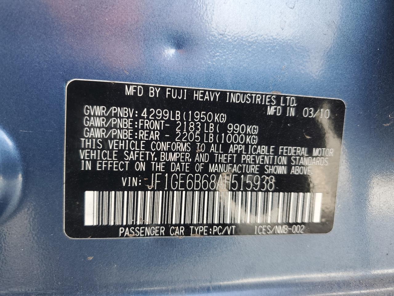 2010 Subaru Impreza 2.5I Premium VIN: JF1GE6B68AH515938 Lot: 59846855