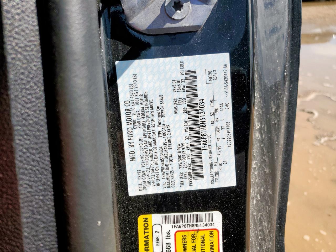 2022 Ford Mustang VIN: 1FA6P8TH8N5134034 Lot: 62865735