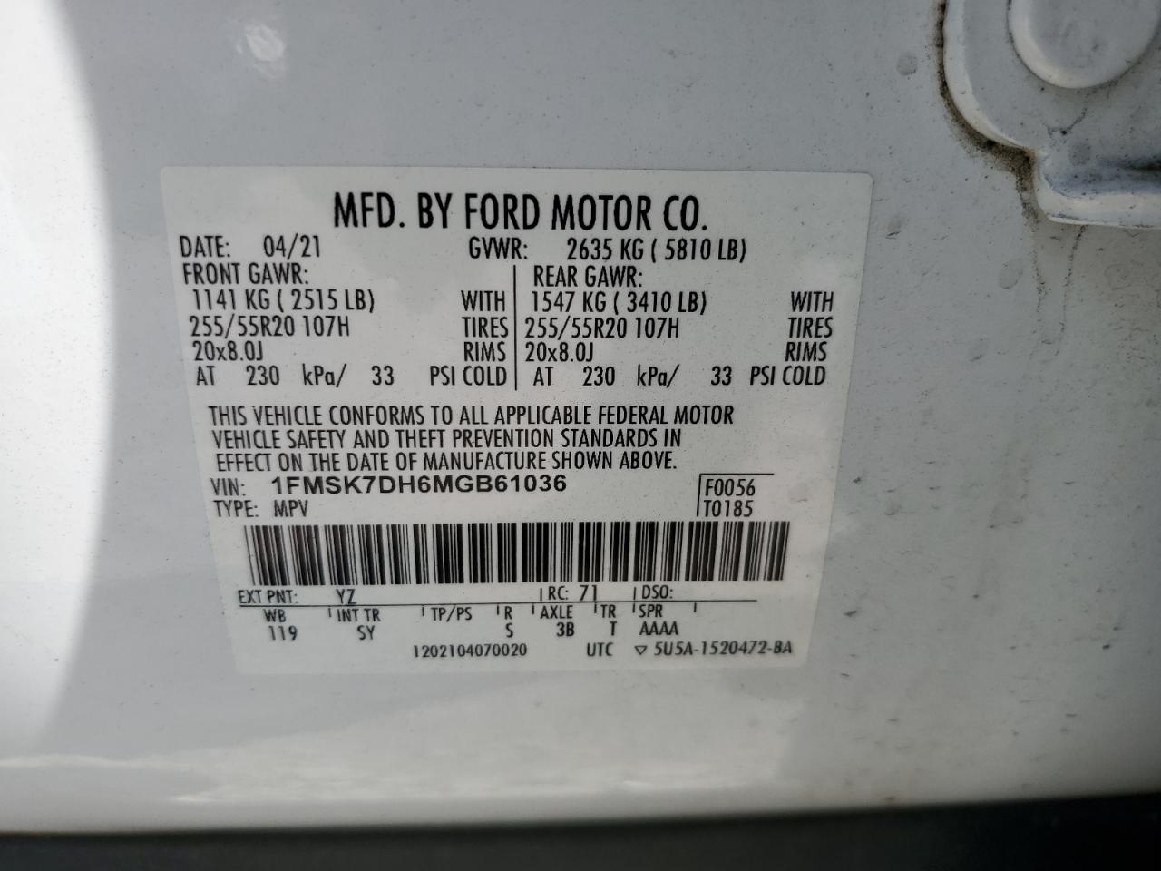 2021 Ford Explorer Xlt VIN: 1FMSK7DH6MGB61036 Lot: 60479545