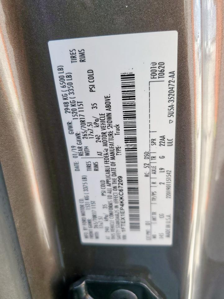 2019 Ford F150 Super Cab VIN: 1FTEX1EP4KKC67209 Lot: 59153525