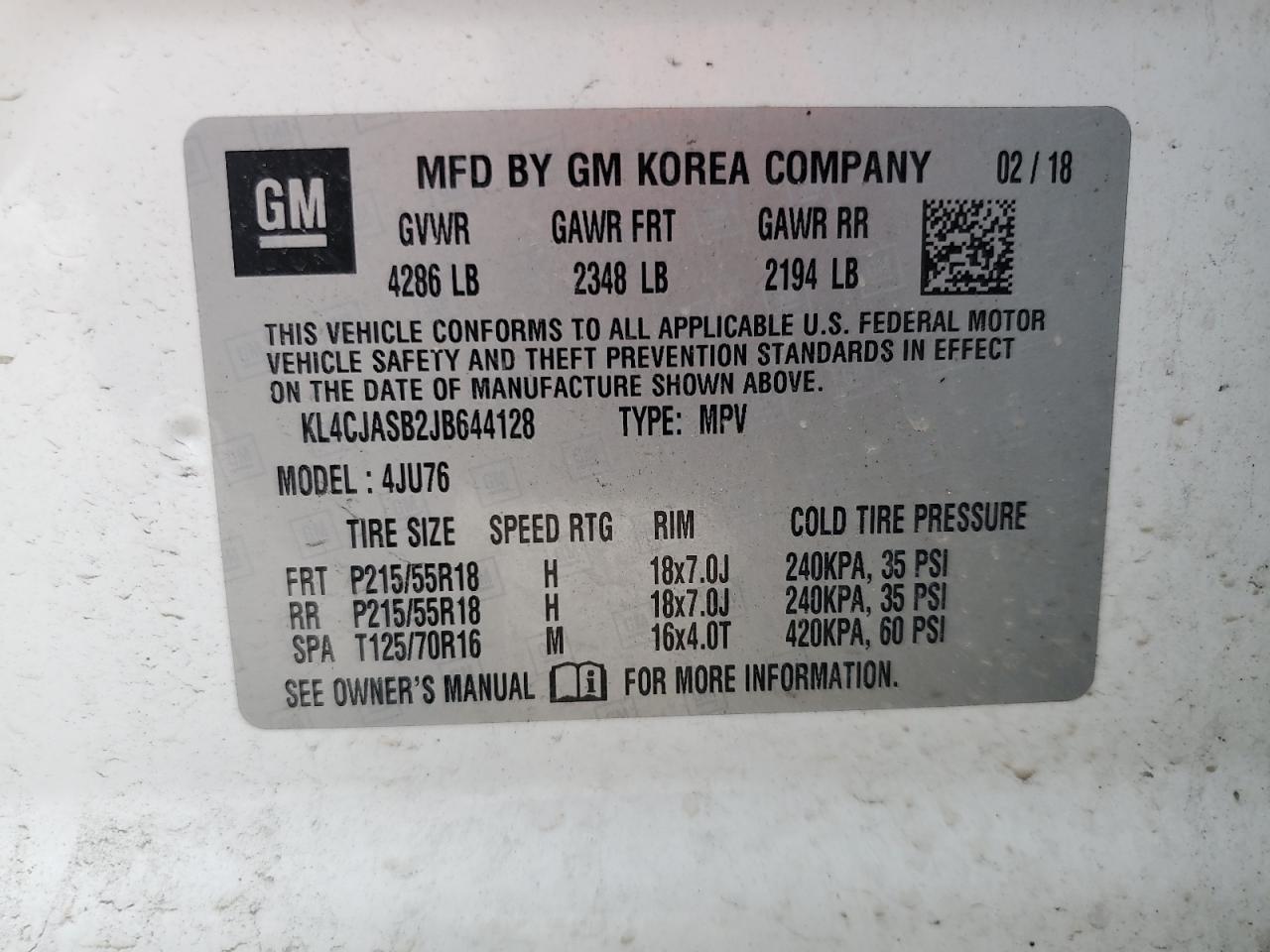 2018 Buick Encore Preferred VIN: KL4CJASB2JB644128 Lot: 62935295