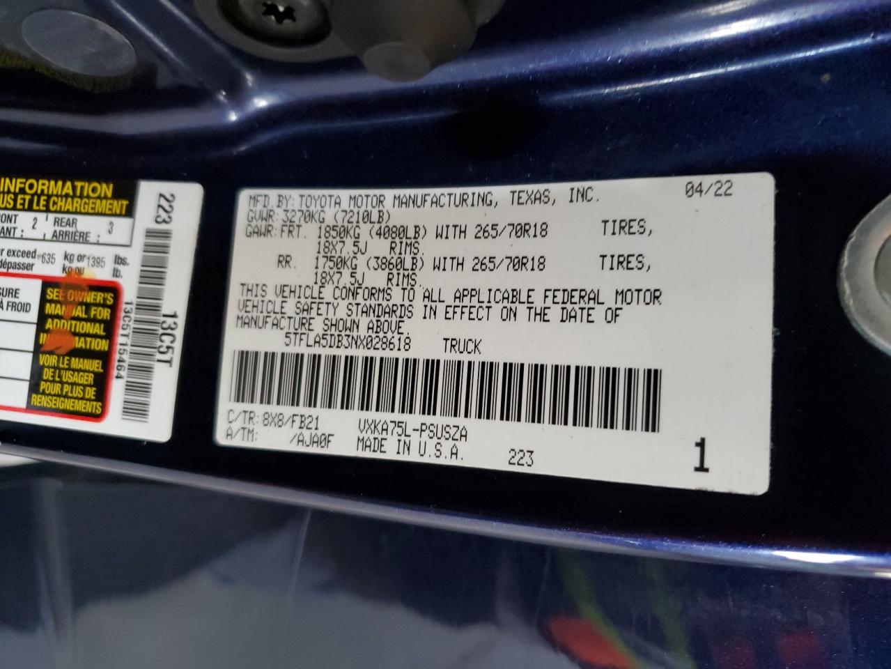 2022 Toyota Tundra Crewmax Sr VIN: 5TFLA5DB3NX028618 Lot: 61807005