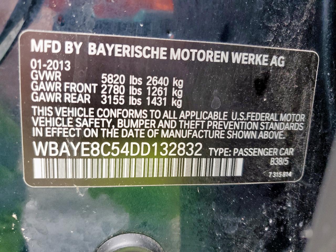 2013 BMW 750 Li VIN: WBAYE8C54DD132832 Lot: 63086555
