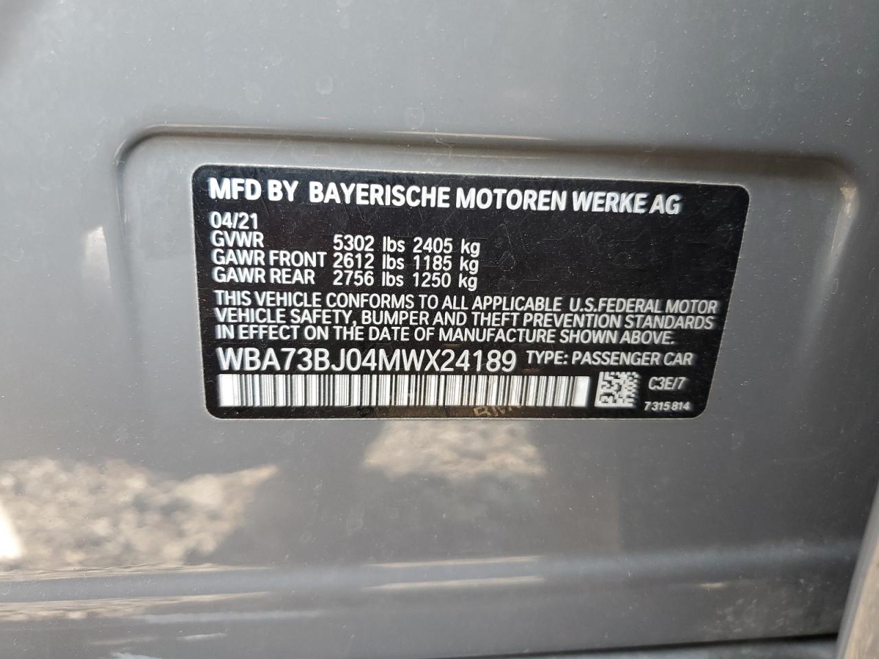 2021 BMW 540 Xi VIN: WBA73BJ04MWX24189 Lot: 60062205