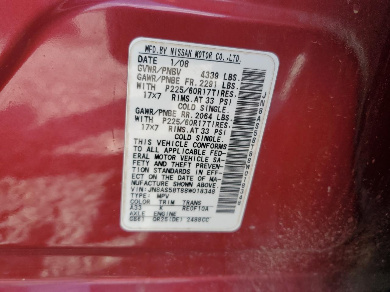 2008 Nissan Rogue S VIN: JN8AS58T88W018348 Lot: 62212955