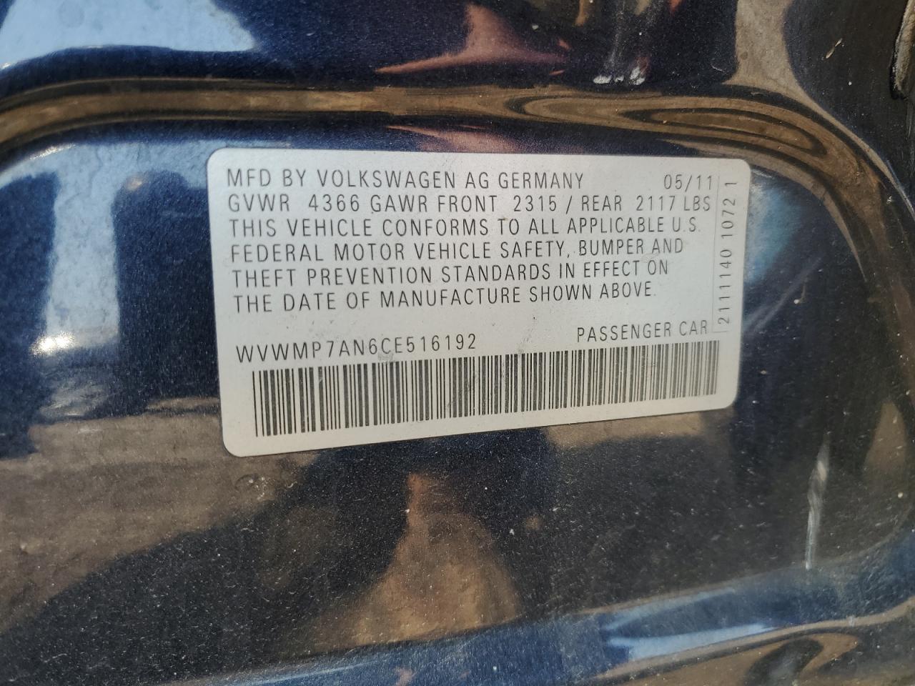 2012 Volkswagen Cc Sport VIN: WVWMP7AN6CE516192 Lot: 59719595