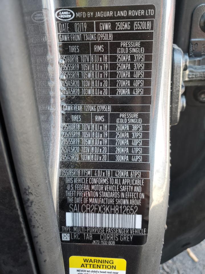 2019 Land Rover Discovery Sport Hse VIN: SALCR2FX3KH812652 Lot: 59386825