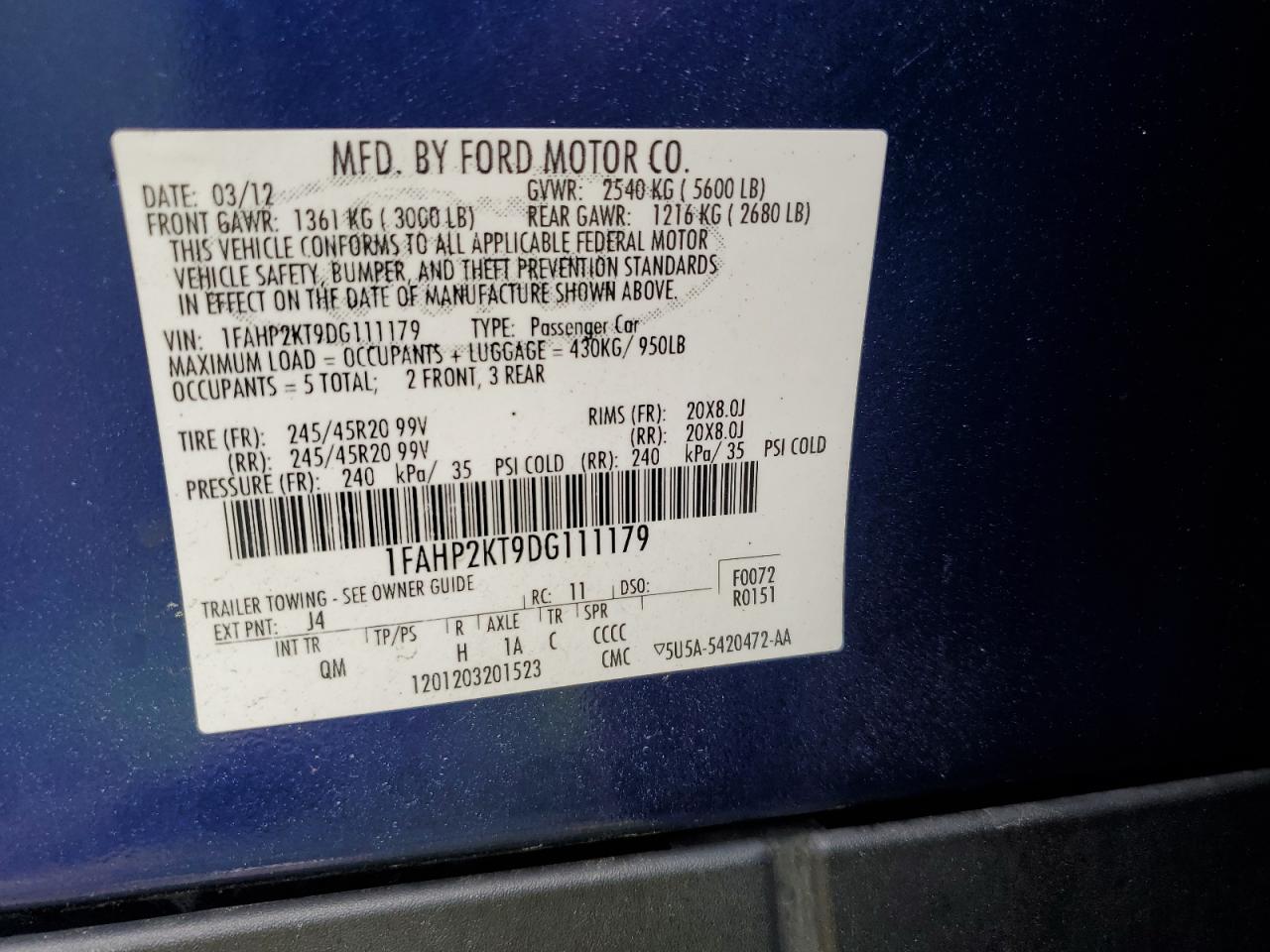 2013 Ford Taurus Sho VIN: 1FAHP2KT9DG111179 Lot: 62470365