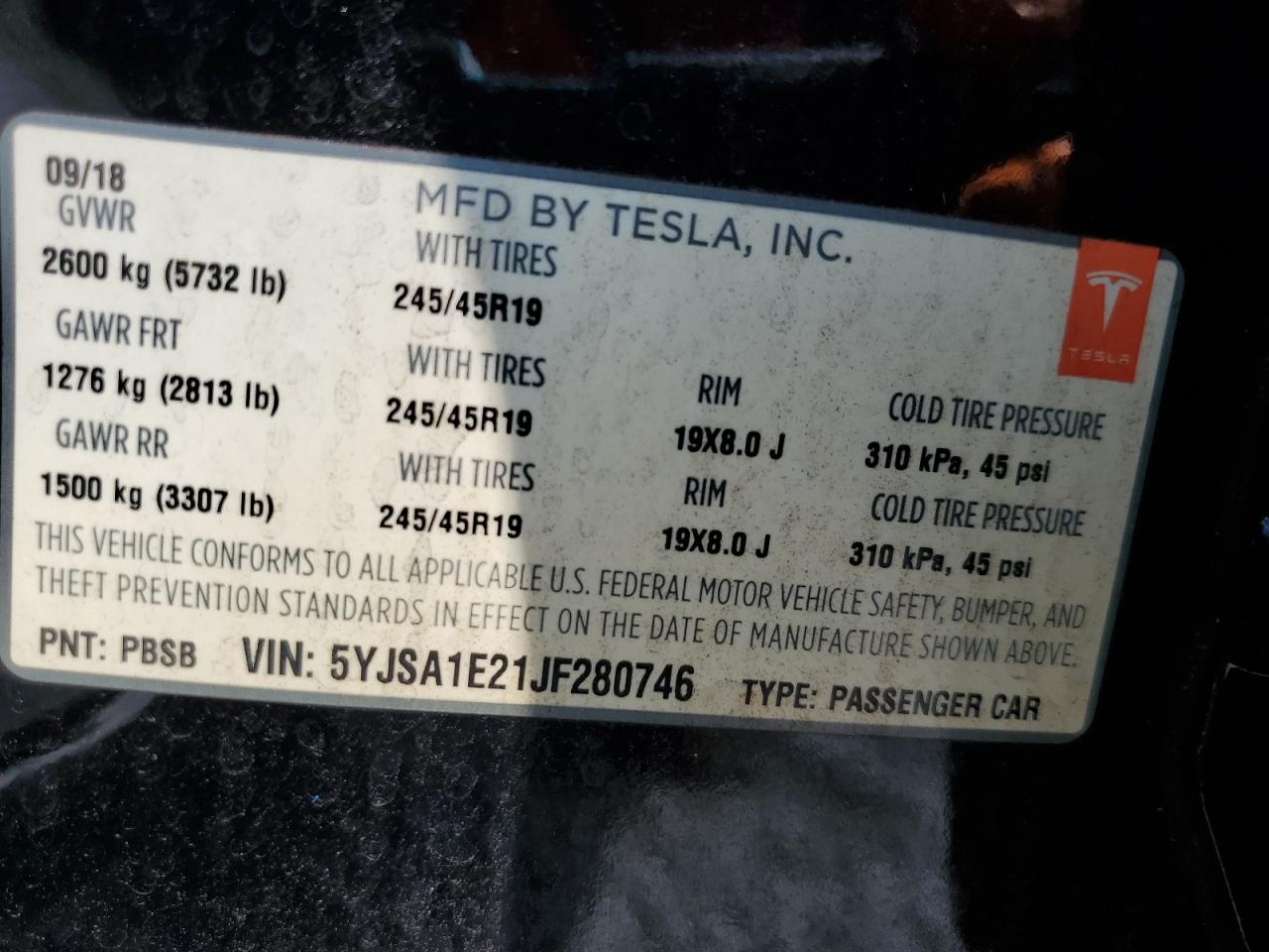 2018 Tesla Model S VIN: 5YJSA1E21JF280746 Lot: 62716385
