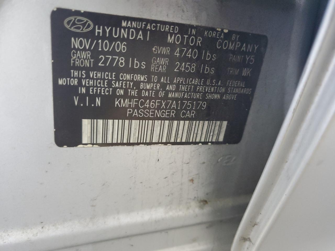 2007 Hyundai Azera Se VIN: KMHFC46FX7A175179 Lot: 61747625