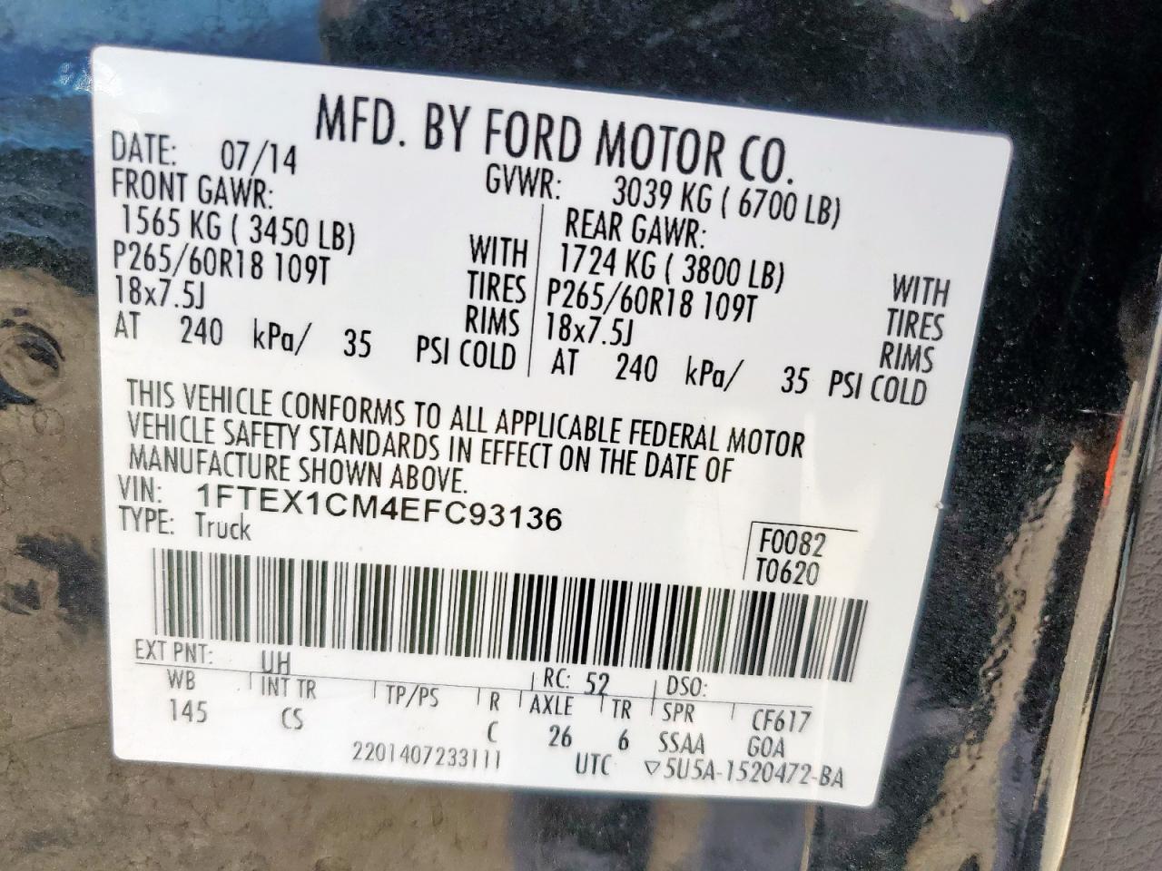 2014 Ford F150 Super Cab VIN: 1FTEX1CM4EFC93136 Lot: 60392525