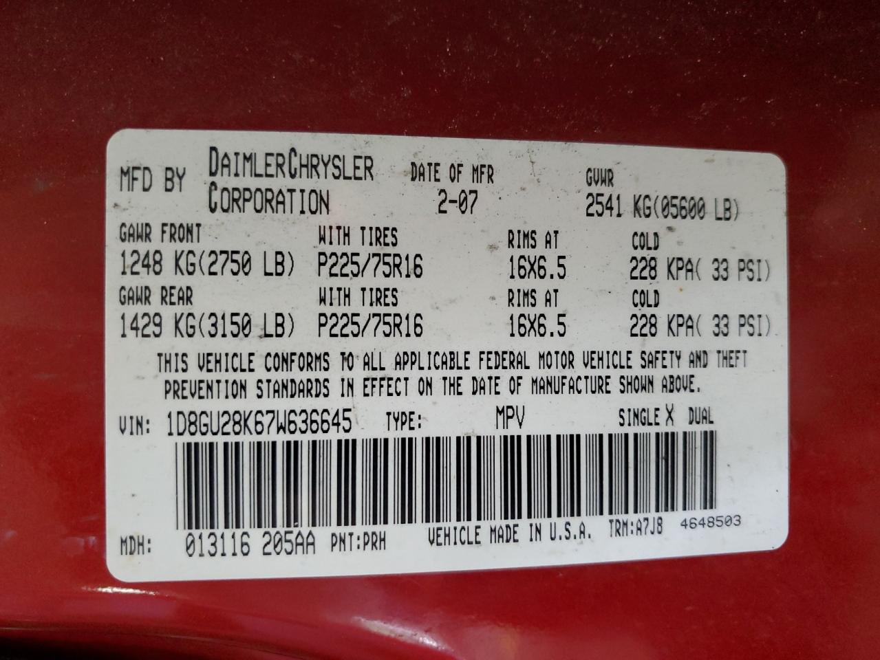 2007 Dodge Nitro Sxt VIN: 1D8GU28K67W636645 Lot: 60448305