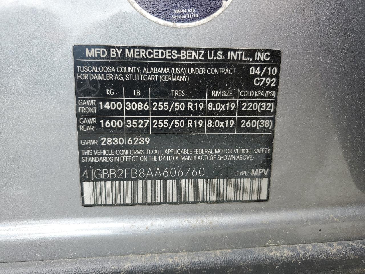 2010 Mercedes-Benz Ml 350 Bluetec VIN: 4JGBB2FB8AA606760 Lot: 59916035