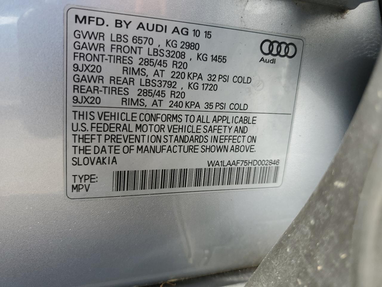 2017 Audi Q7 Premium Plus VIN: WA1LAAF75HD002846 Lot: 61648555