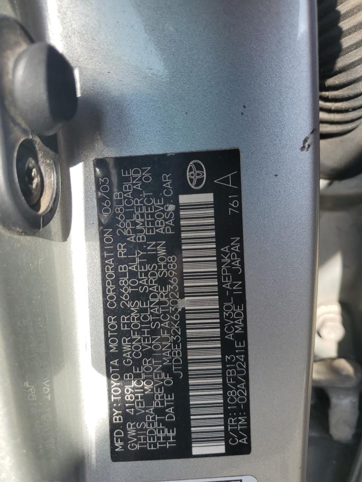 TOYOTA CAMRY 2003 VIN JTDBE32K630236988 фото 12
