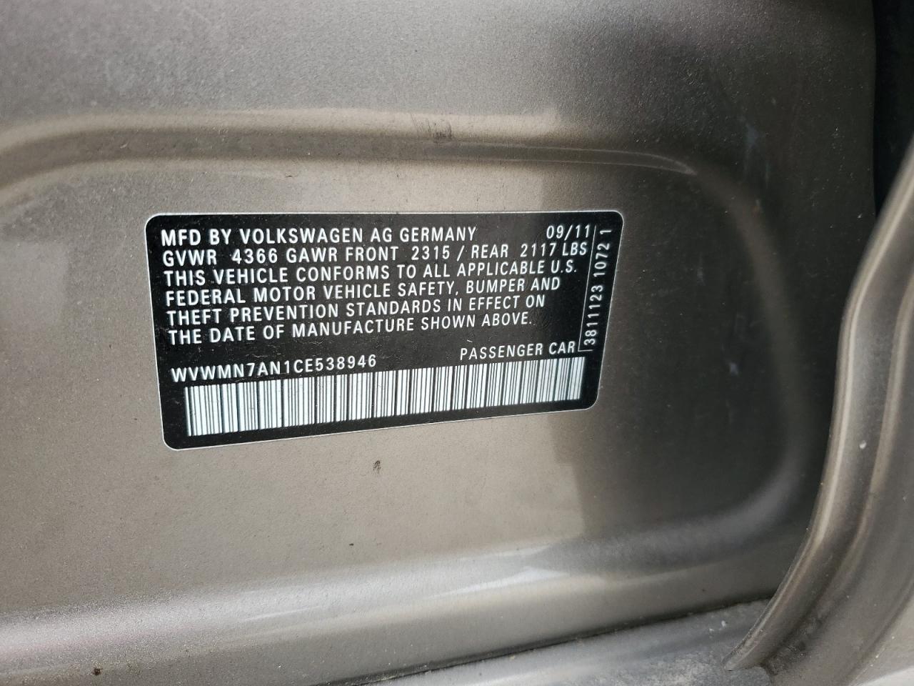 2012 Volkswagen Cc Sport VIN: WVWMN7AN1CE538946 Lot: 59181215