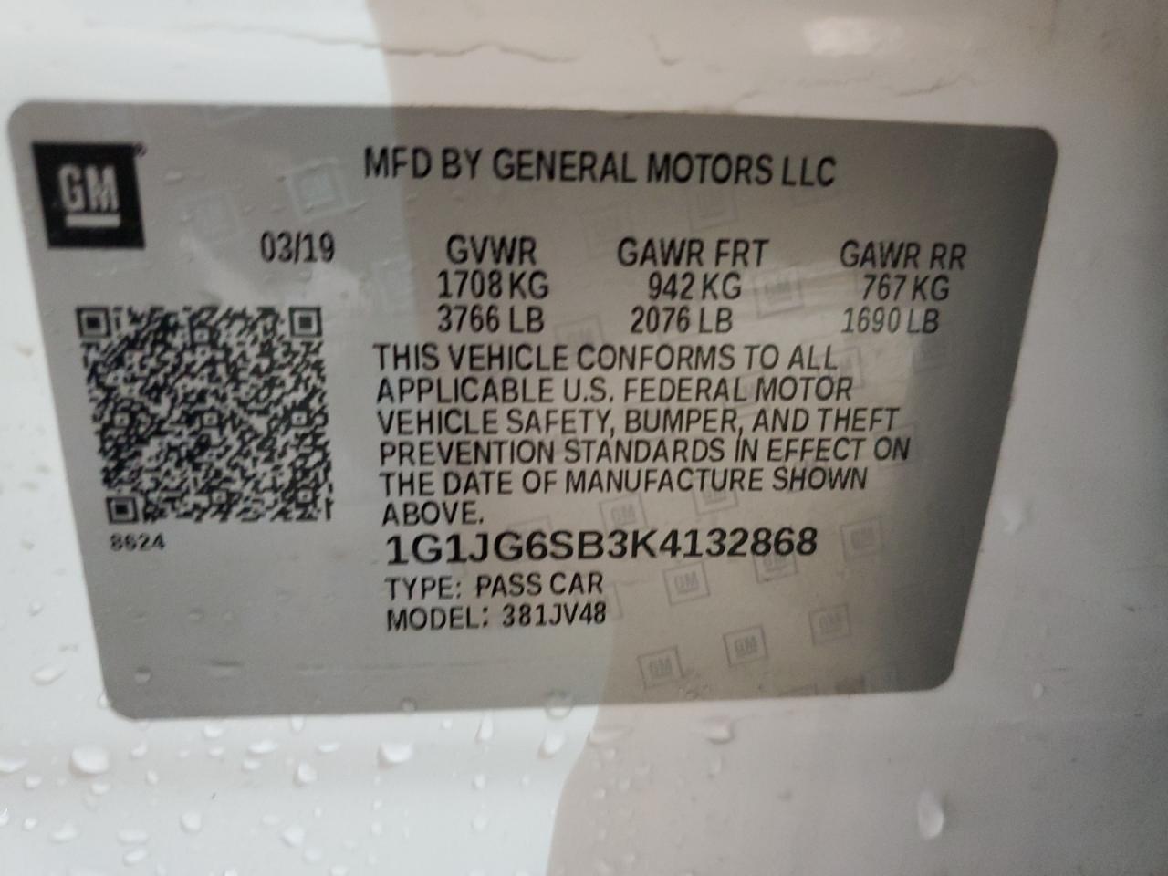 2019 Chevrolet Sonic VIN: 1G1JG6SB3K4132868 Lot: 60653065