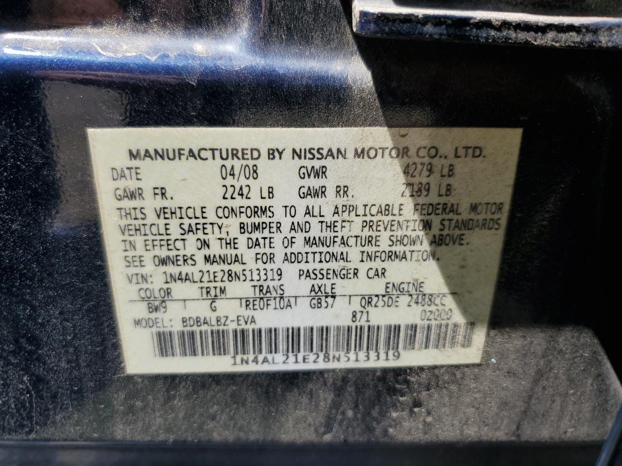 2008 Nissan Altima 2.5 VIN: 1N4AL21E28N513319 Lot: 63122655