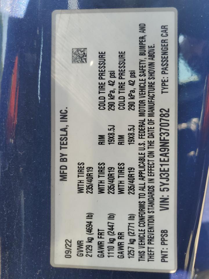 2022 Tesla Model 3 VIN: 5YJ3E1EA9NF370782 Lot: 60116345