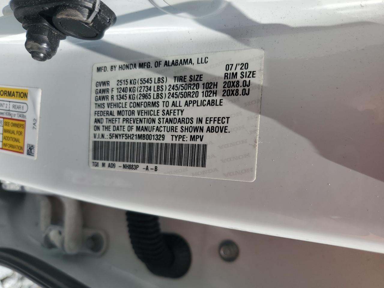 2021 Honda Pilot Se VIN: 5FNYF5H21MB001329 Lot: 62764345