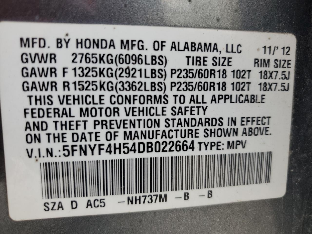 2013 Honda Pilot Exl VIN: 5FNYF4H54DB022664 Lot: 59896705