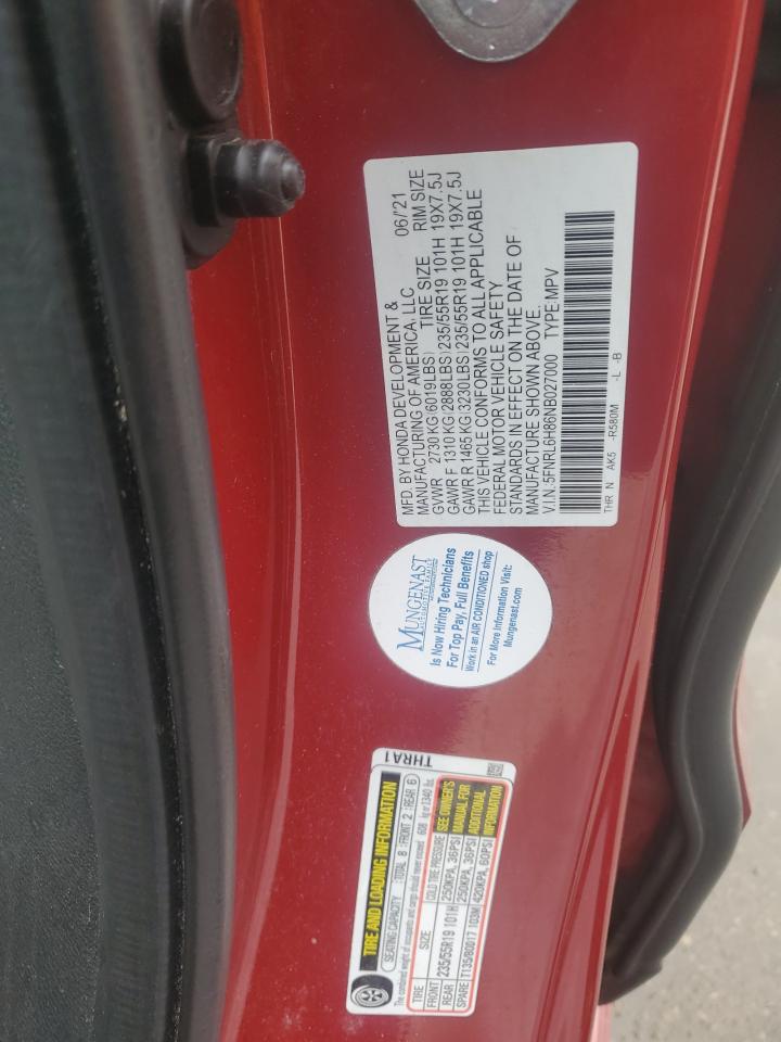 2022 Honda Odyssey Touring VIN: 5FNRL6H86NB027000 Lot: 61565415