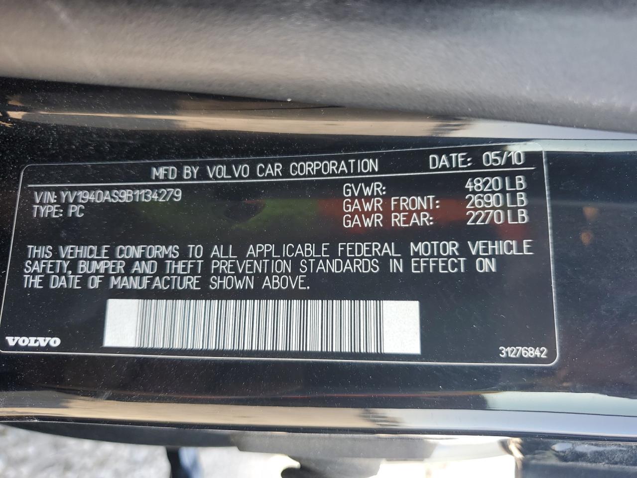2011 Volvo S80 3.2 VIN: YV1940AS9B1134279 Lot: 60479605