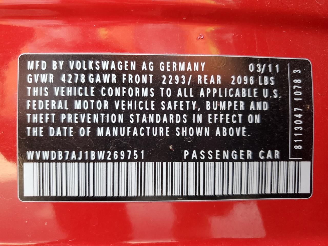 2011 Volkswagen Golf VIN: WVWDB7AJ1BW269751 Lot: 61876435