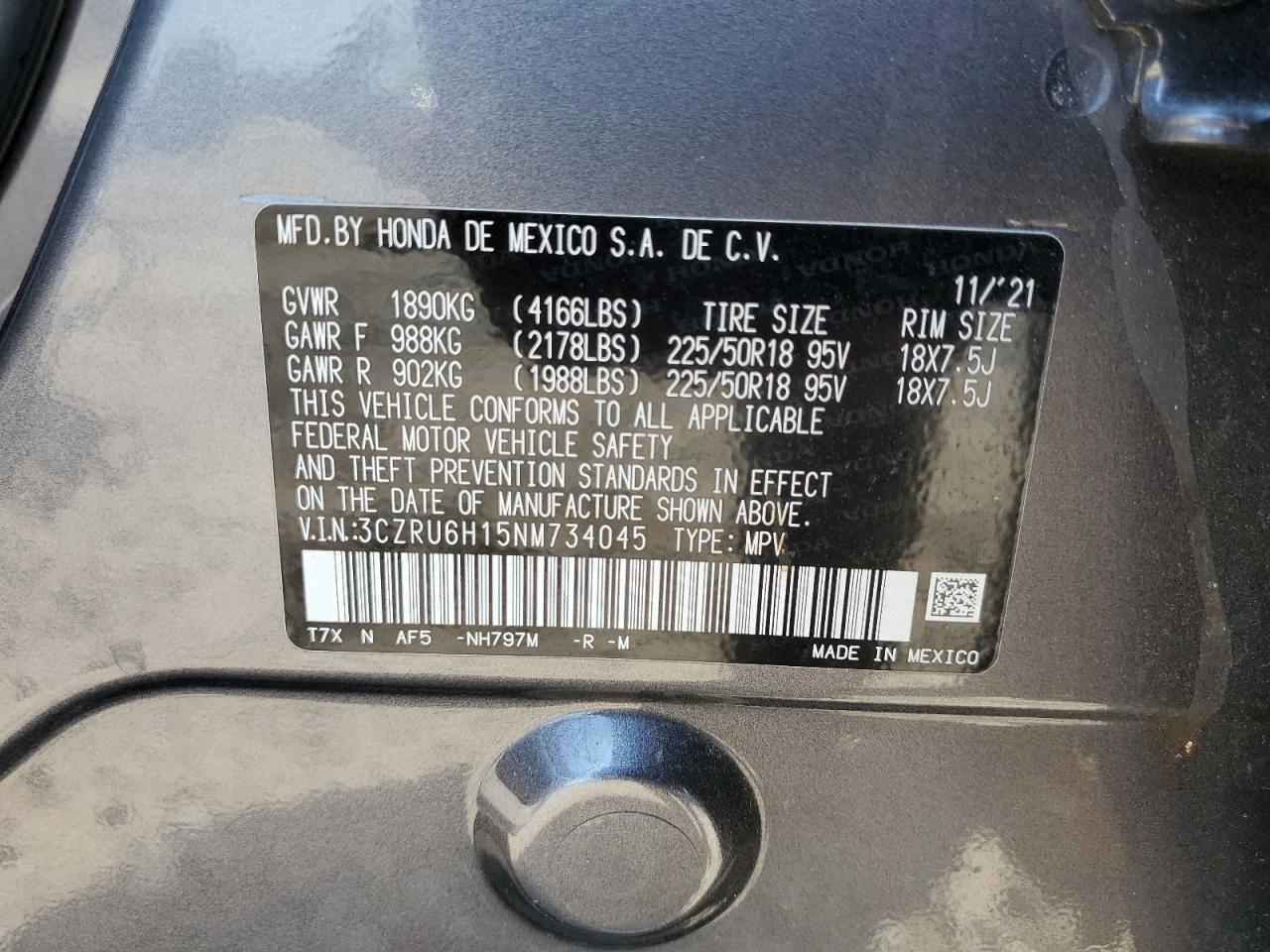 2022 Honda Hr-V Sport VIN: 3CZRU6H15NM734045 Lot: 60449205
