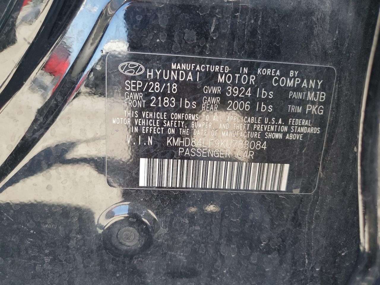 2019 Hyundai Elantra Sel VIN: KMHD84LF9KU783084 Lot: 61005955