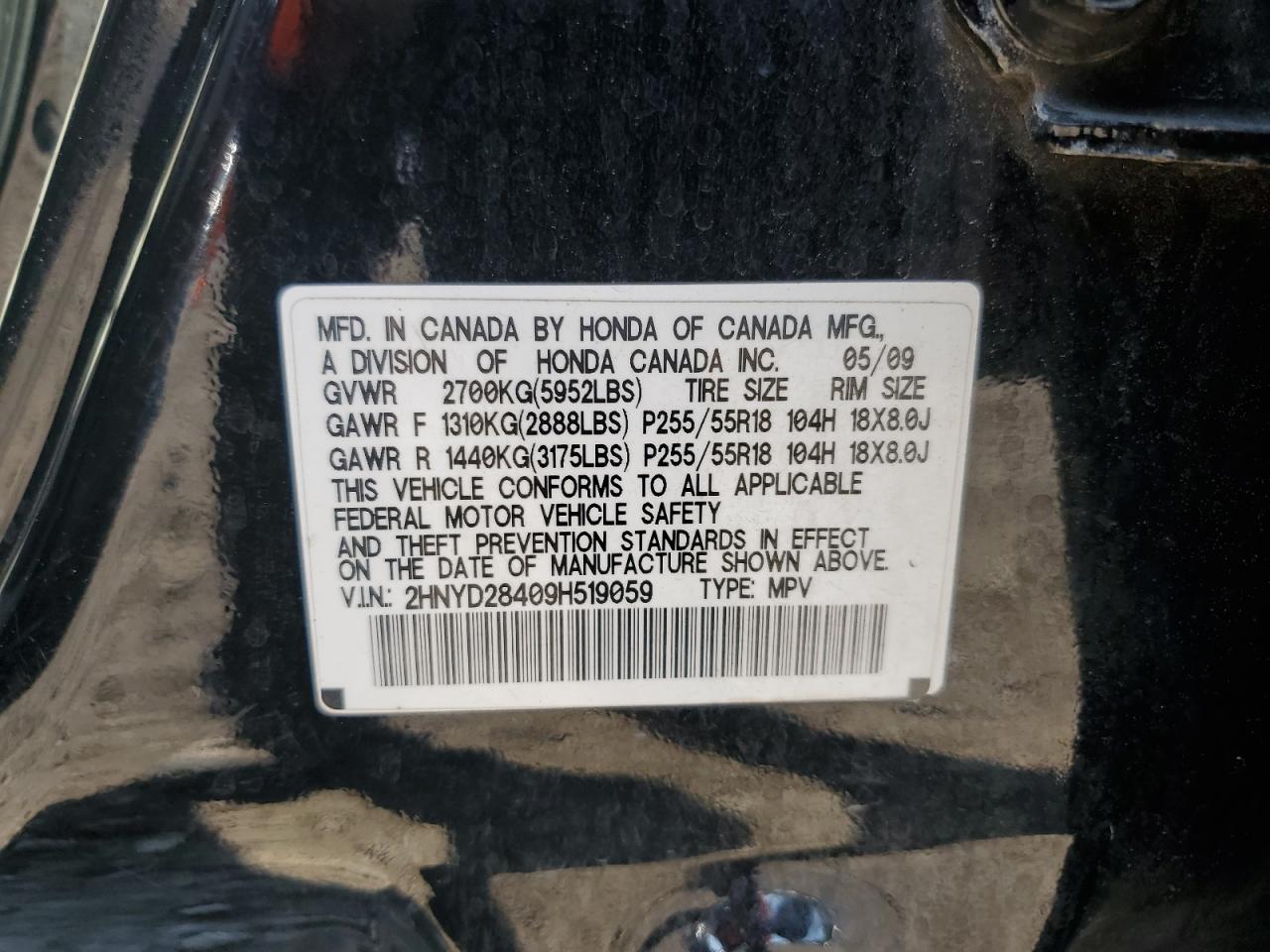 2009 Acura Mdx Technology VIN: 2HNYD28409H519059 Lot: 62892705