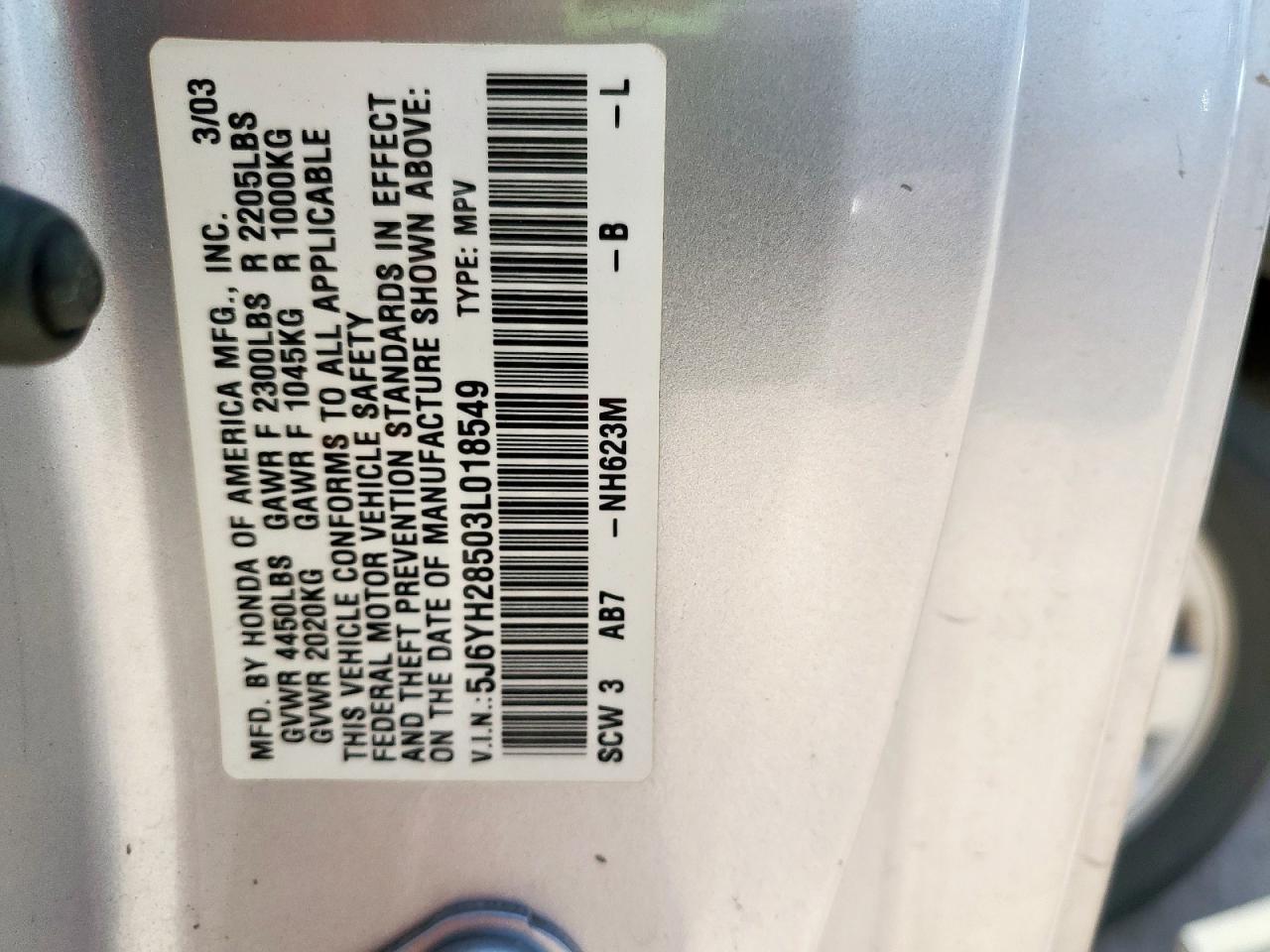 2003 Honda Element Ex VIN: 5J6YH28503L018549 Lot: 62173245