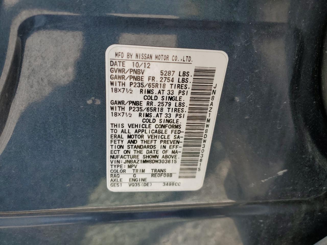 2013 Nissan Murano S VIN: JN8AZ1MW8DW303615 Lot: 62145095