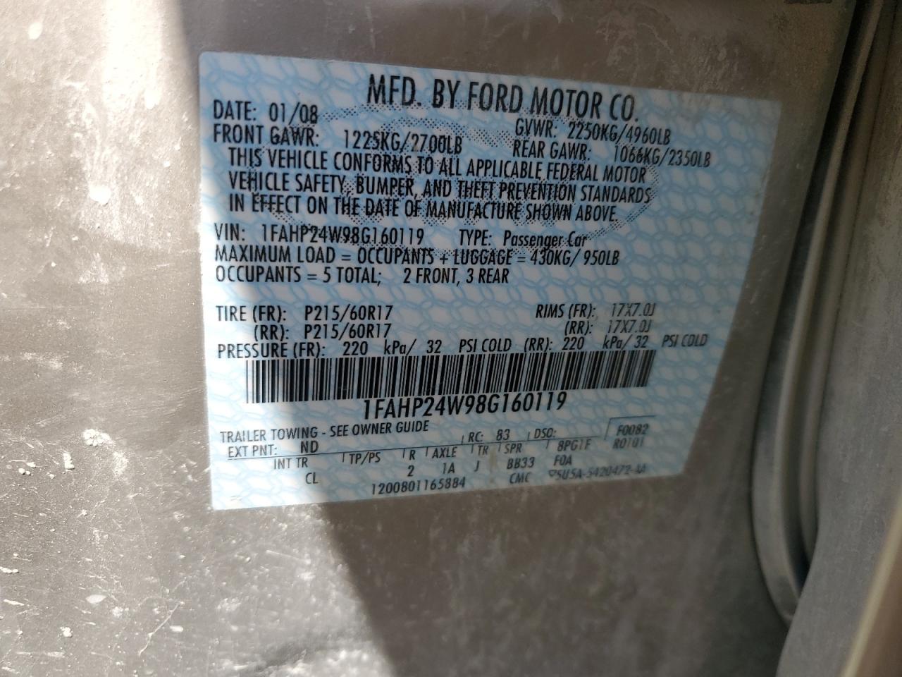2008 Ford Taurus Sel VIN: 1FAHP24W98G160119 Lot: 61669825