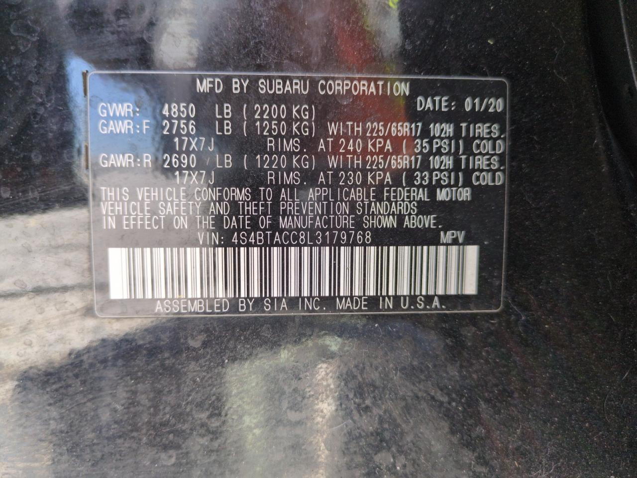 2020 Subaru Outback Premium VIN: 4S4BTACC8L3179768 Lot: 60273115