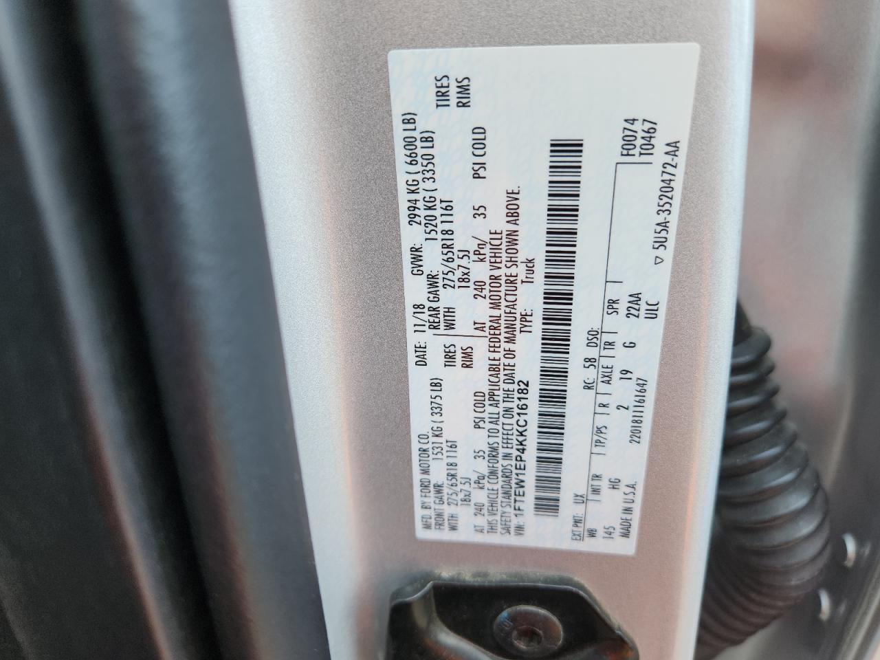 2019 Ford F150 Supercrew VIN: 1FTEW1EP4KKC16182 Lot: 60483275