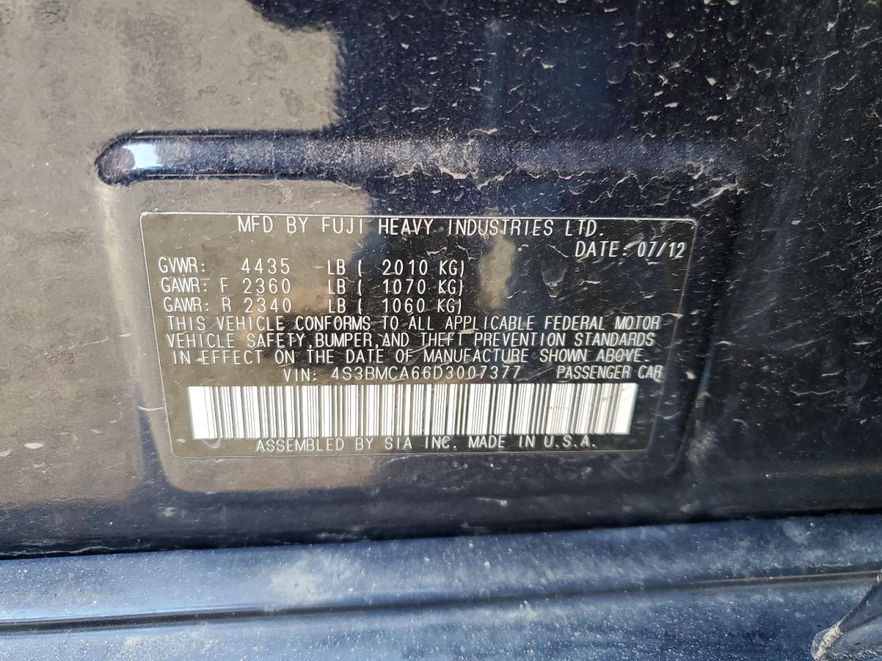 2013 Subaru Legacy 2.5I VIN: 4S3BMCA66D3007377 Lot: 62936065