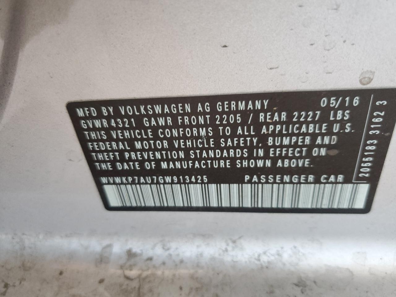 2016 Volkswagen E-Golf Se VIN: WVWKP7AU7GW913425 Lot: 60929185