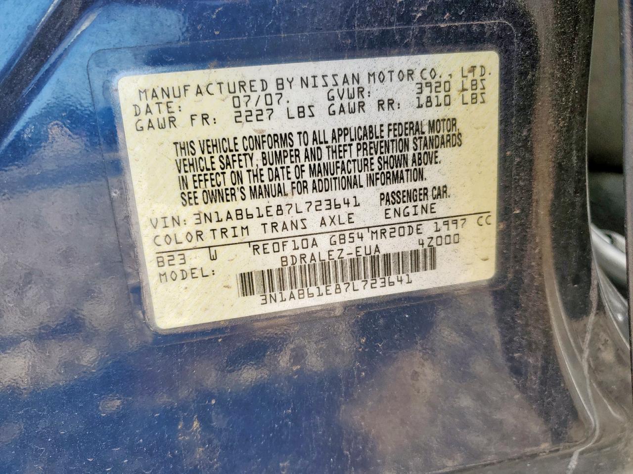 2007 Nissan Sentra 2.0 VIN: 3N1AB61E87L723641 Lot: 61683645